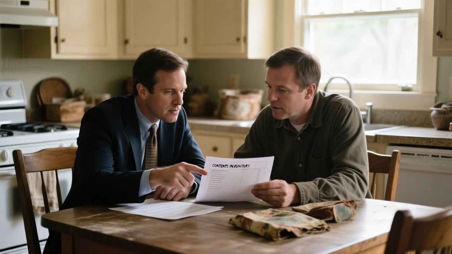 A public adjuster and a homeowner reviewing a printed contents inventory at a kitchen table