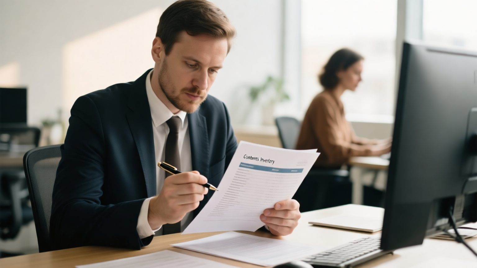 A claims reviewer examining a printed contents inventory report page by page at a desk