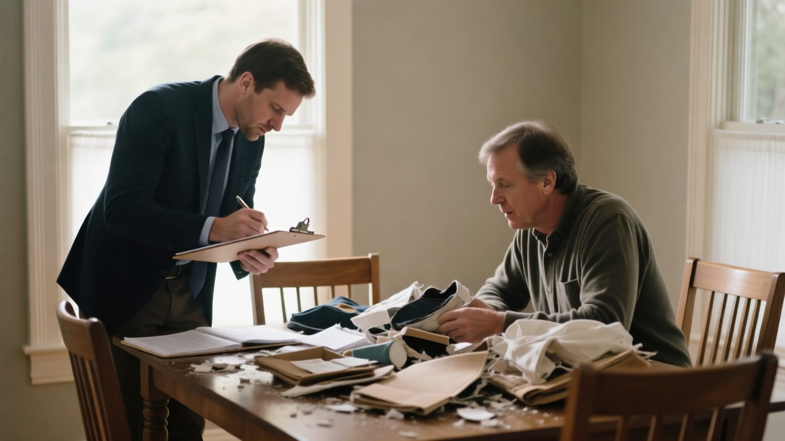 A contents specialist and a homeowner at a table reviewing damaged household belongings laid out for cataloguing