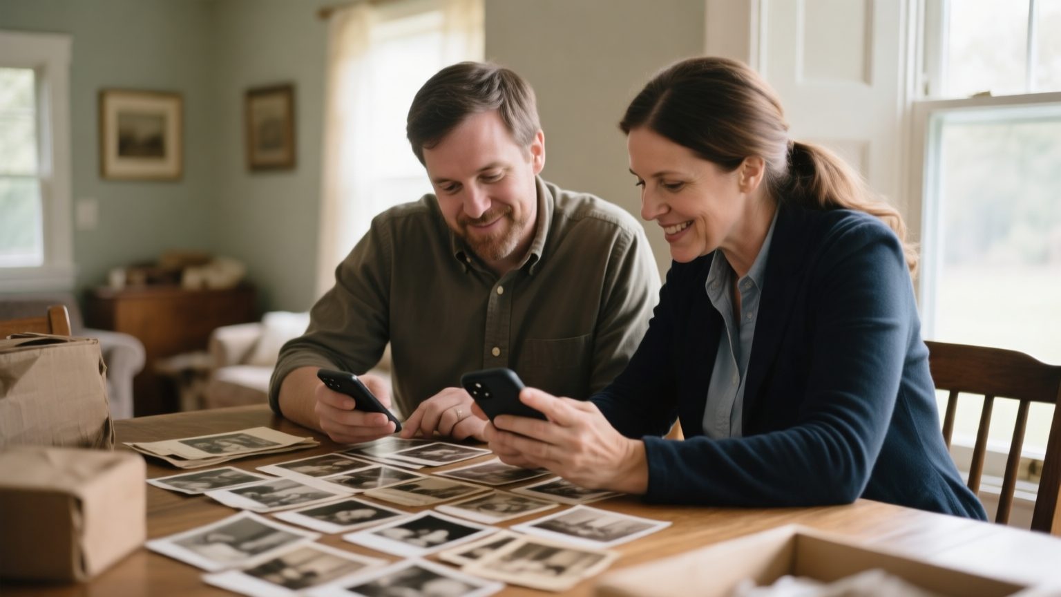 A homeowner and a contents professional scrolling through old phone photos of the home together to reconstruct a contents list