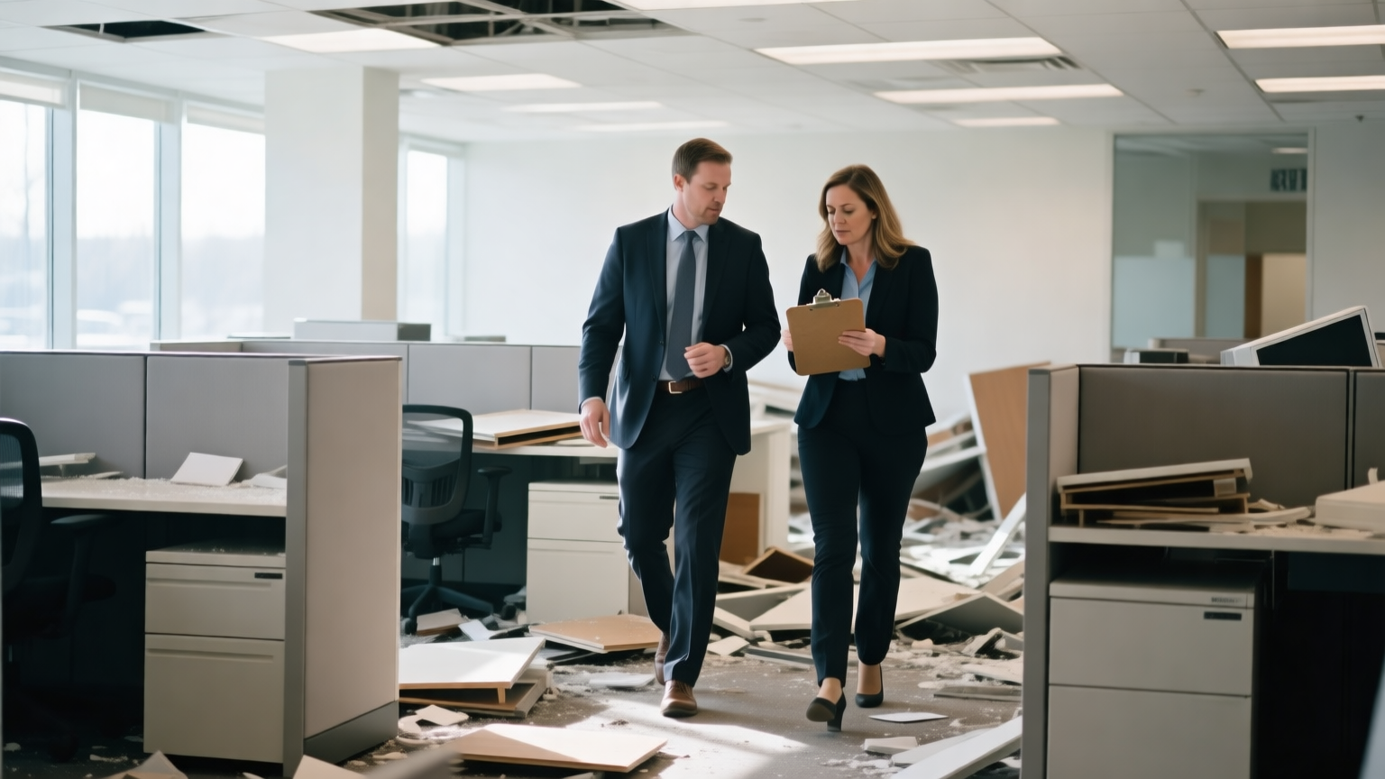 A business owner and a claims professional cataloguing damaged office equipment and furniture on a clipboard