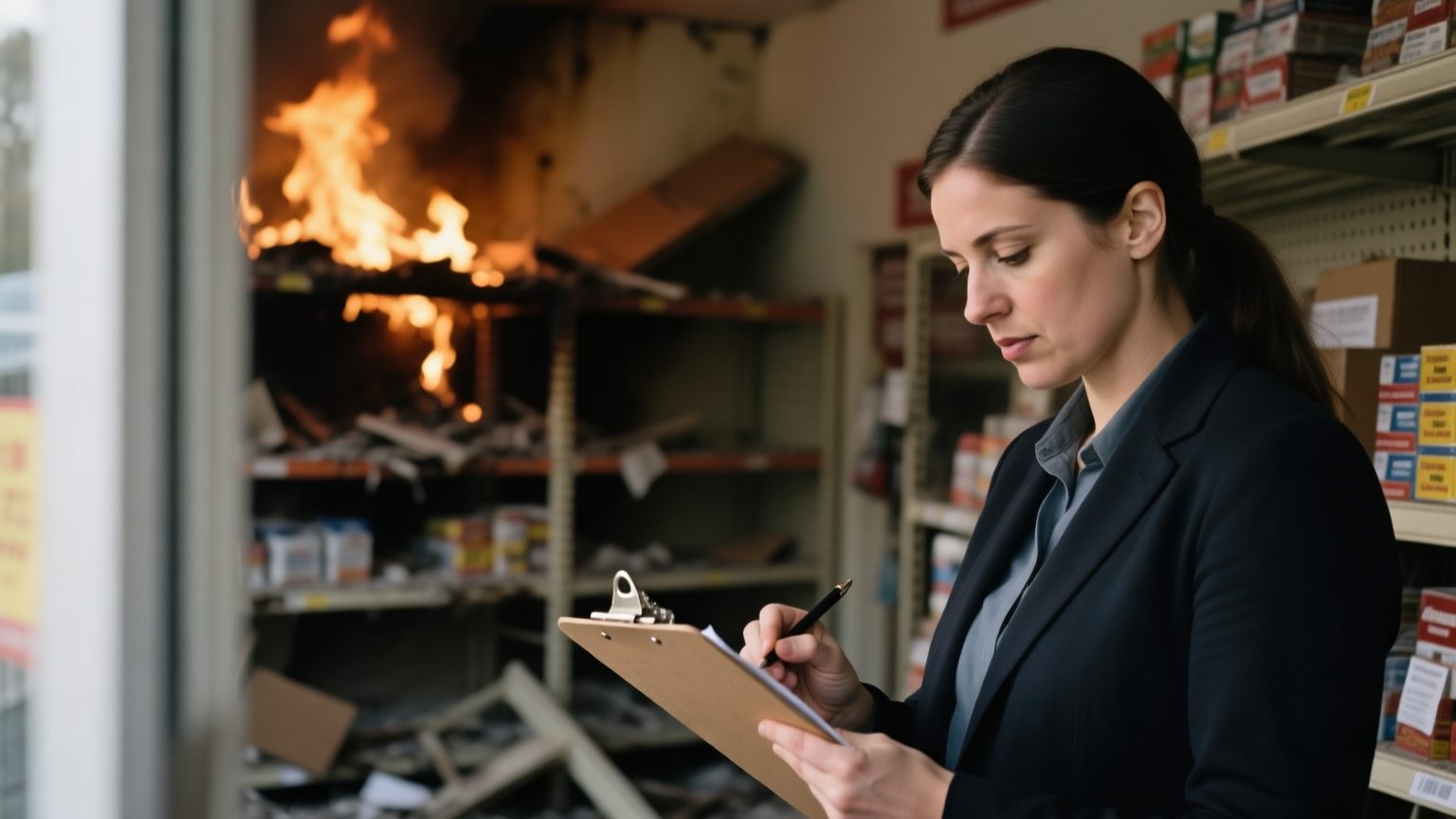 A claims professional cataloguing damaged shelving and stock inside a fire-damaged small retail store