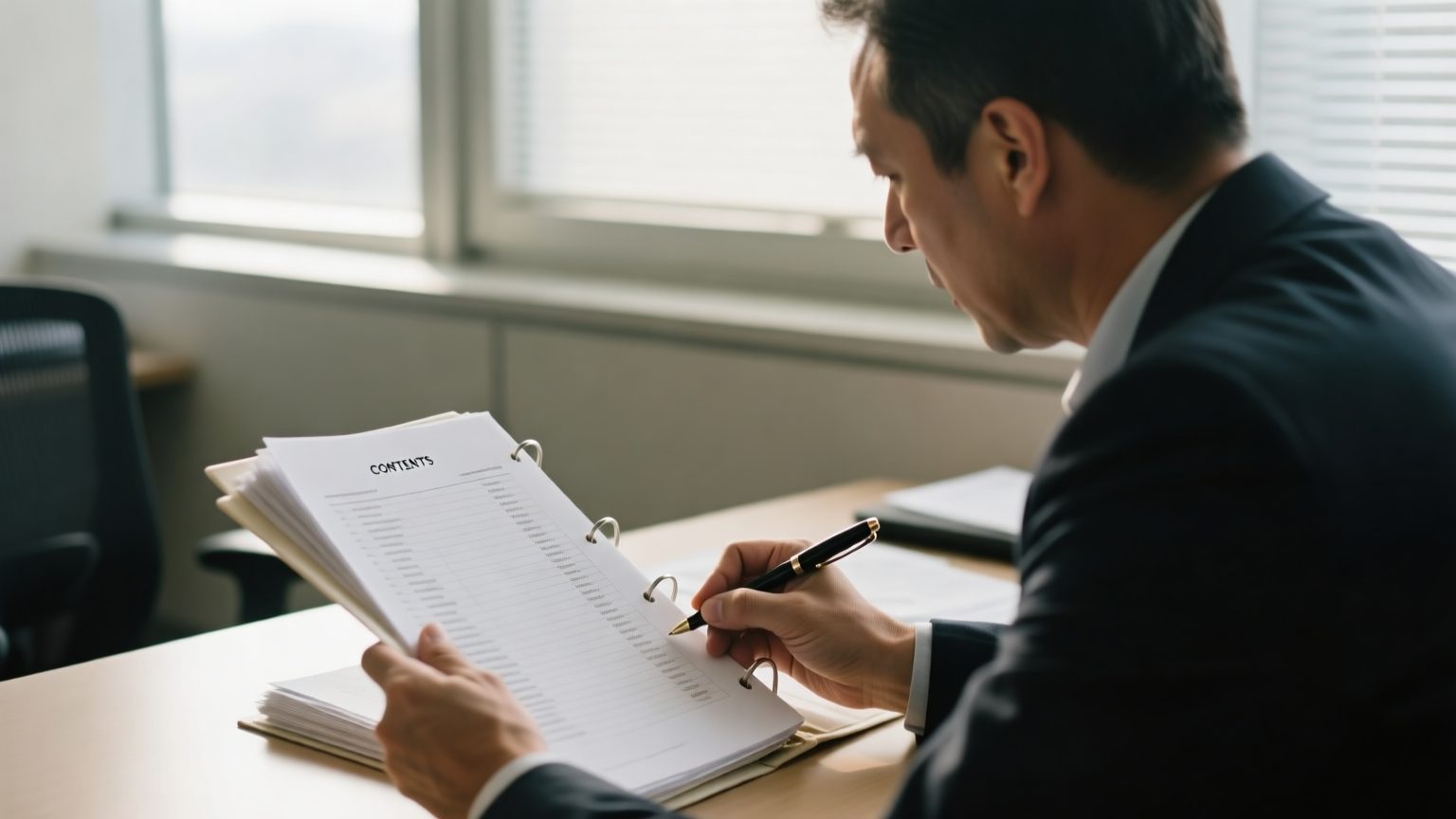 A claims professional reviewing a thick printed contents inventory binder at an office desk