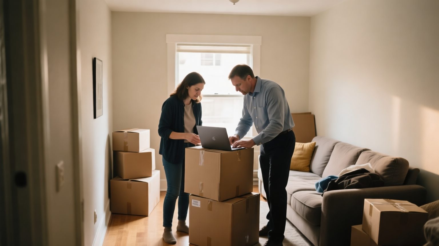 A tenant and an adjuster cataloguing belongings in a small apartment living room with a laptop and boxes