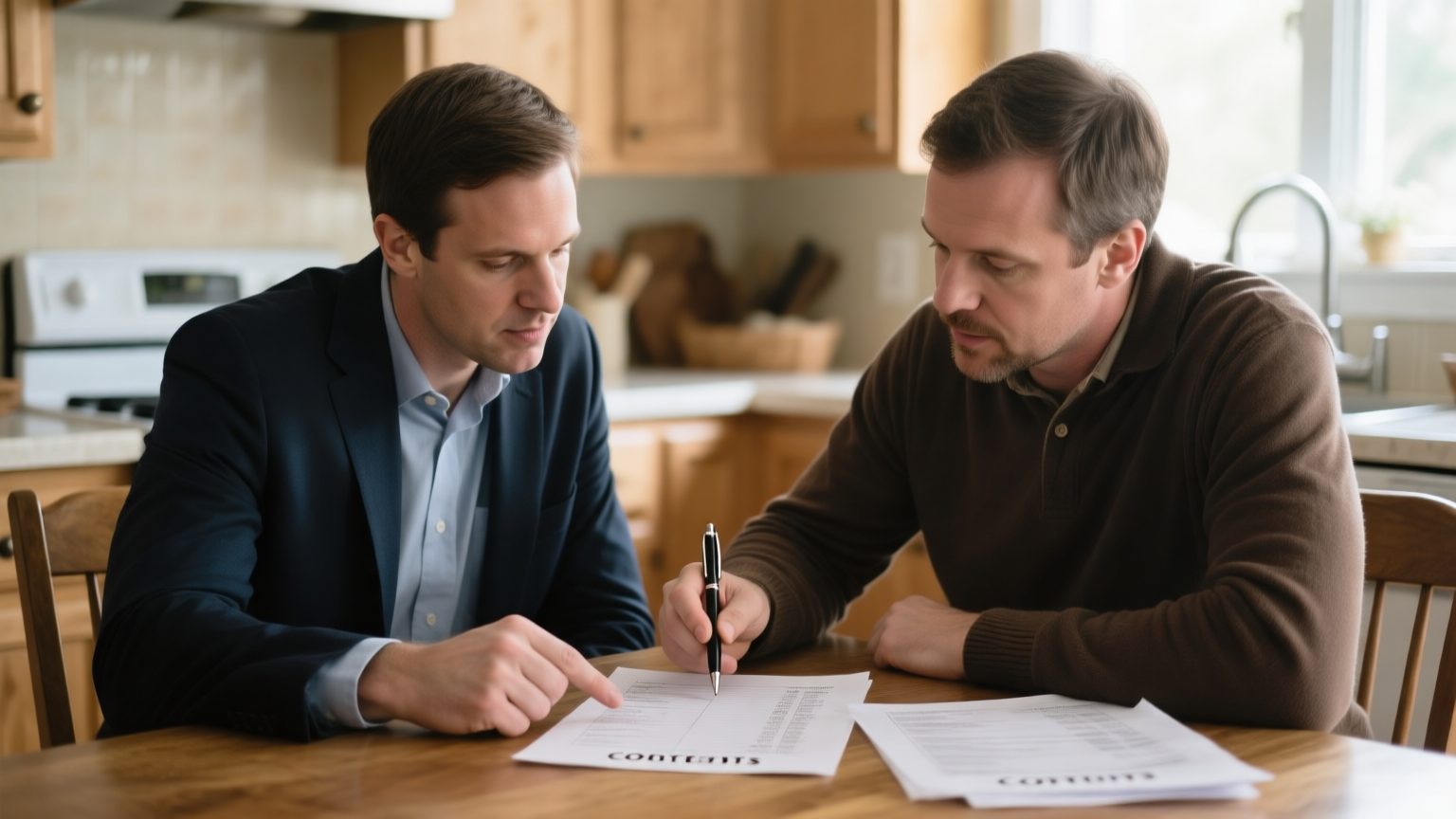 An adjuster and a homeowner reviewing a printed contents list item by item at a kitchen table