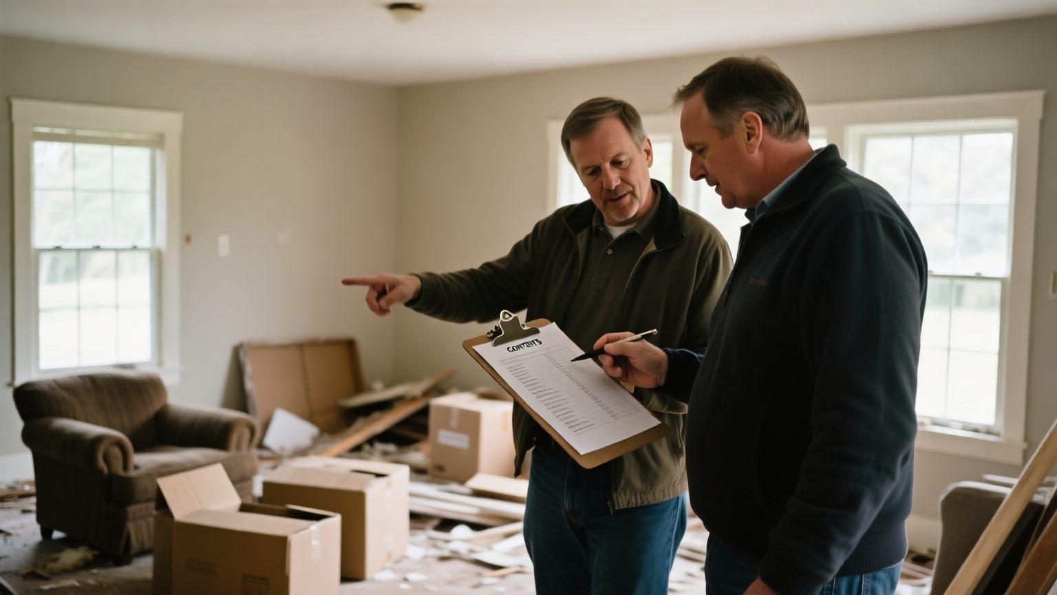 A restoration project manager and a homeowner reviewing a printed contents list in a partially cleared living room
