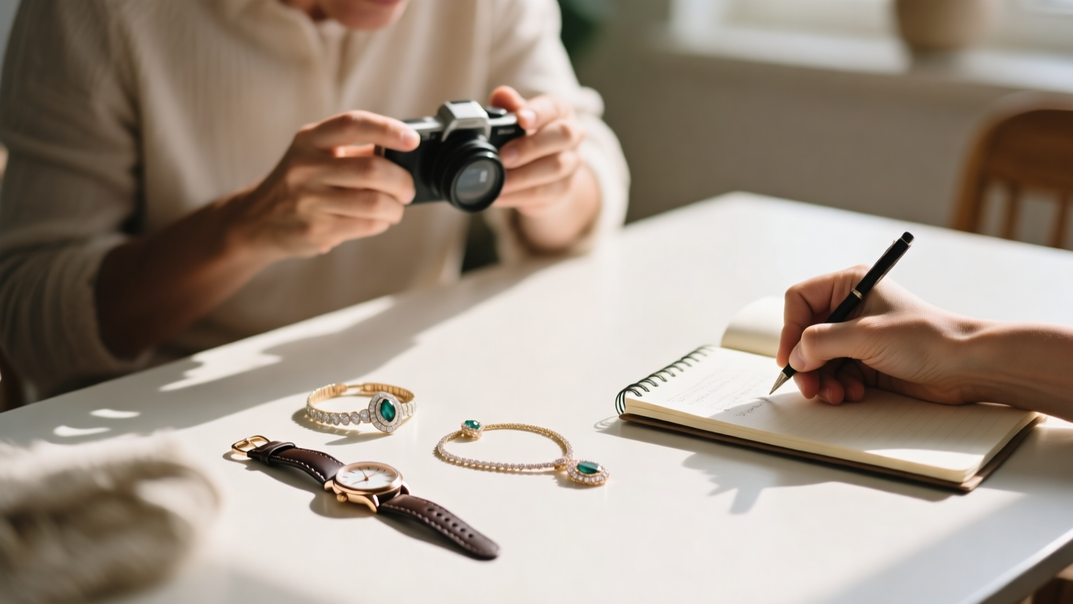 A homeowner photographing a piece of jewelry and a wristwatch on a table while noting details in a notebook