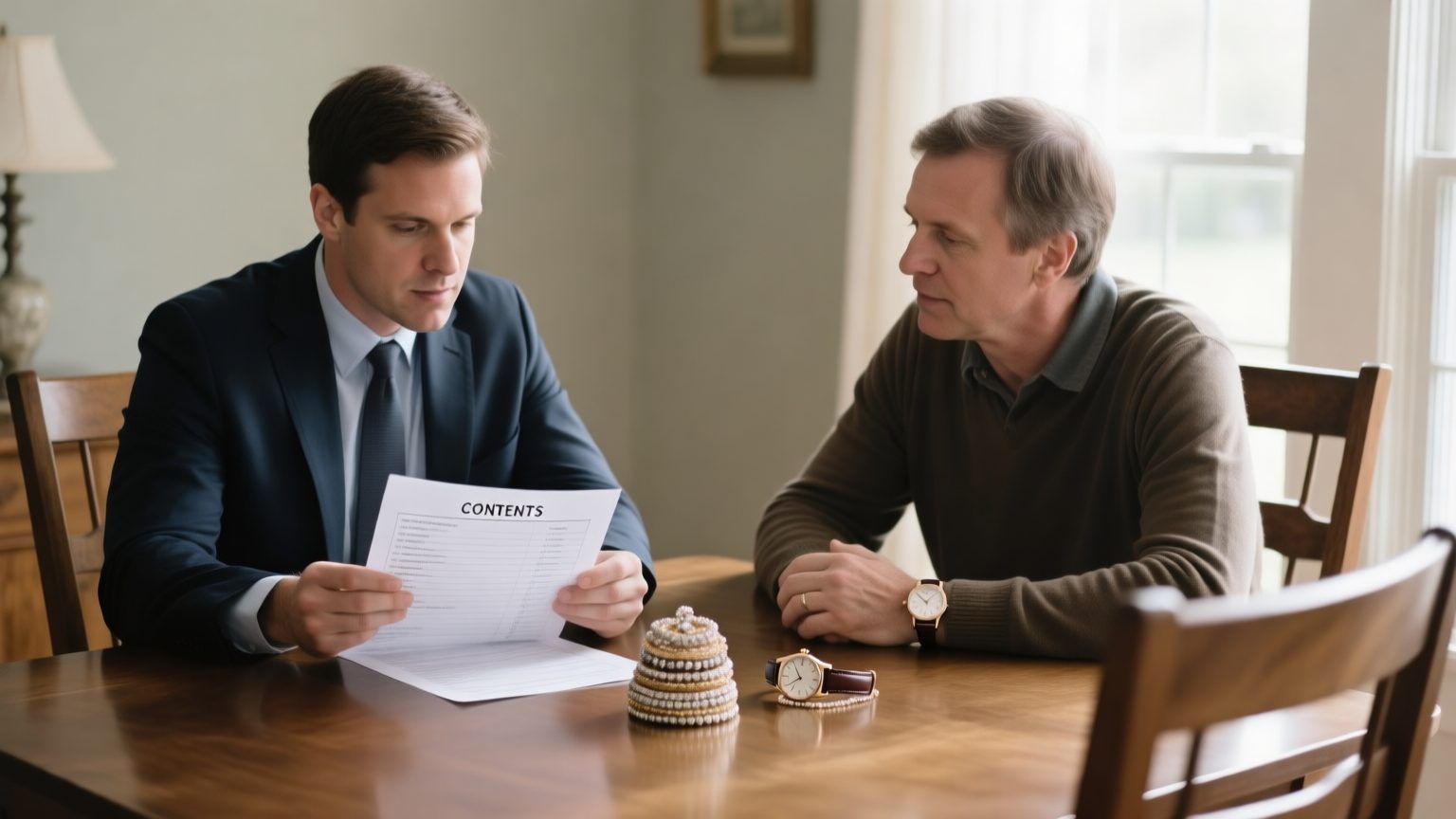 An adjuster and a homeowner reviewing a printed contents list with a small stack of jewelry and a watch on the table