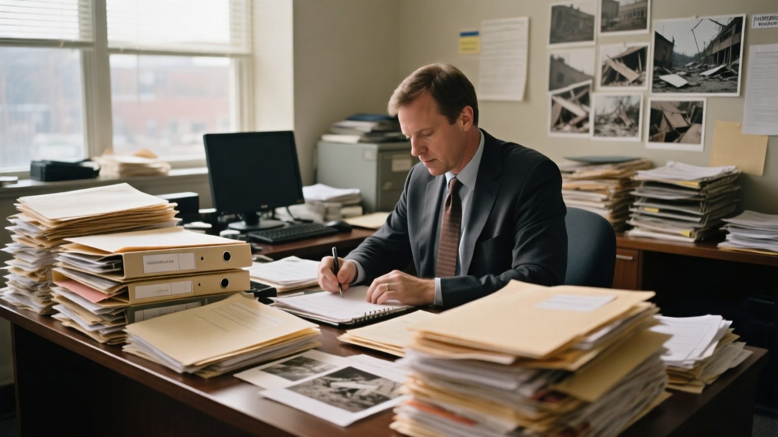 A contents claims specialist working through a large stack of claim folders and item photographs after a catastrophe