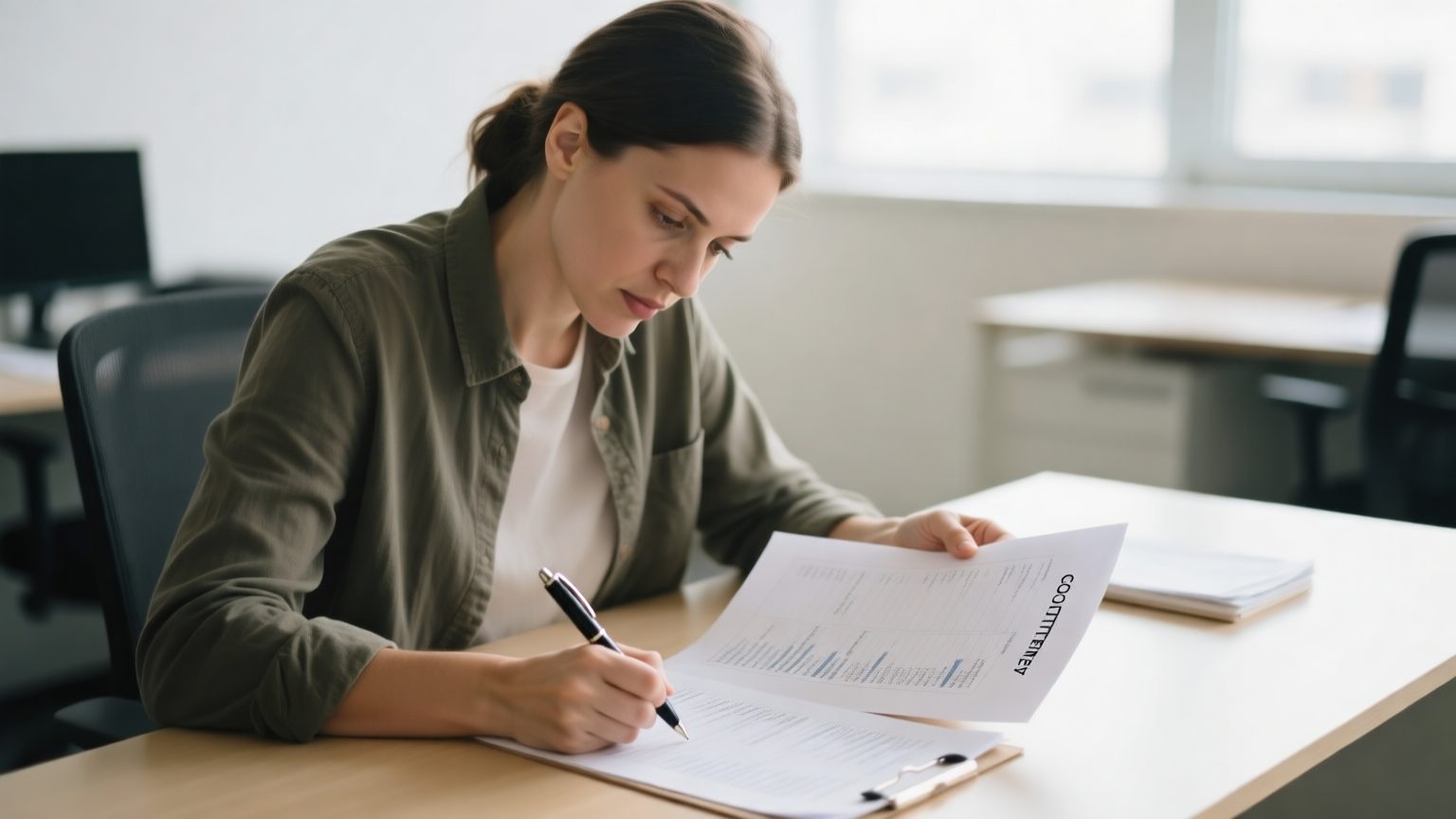 A claims professional reviewing a contents inventory on paper at a desk, checking items against reference notes