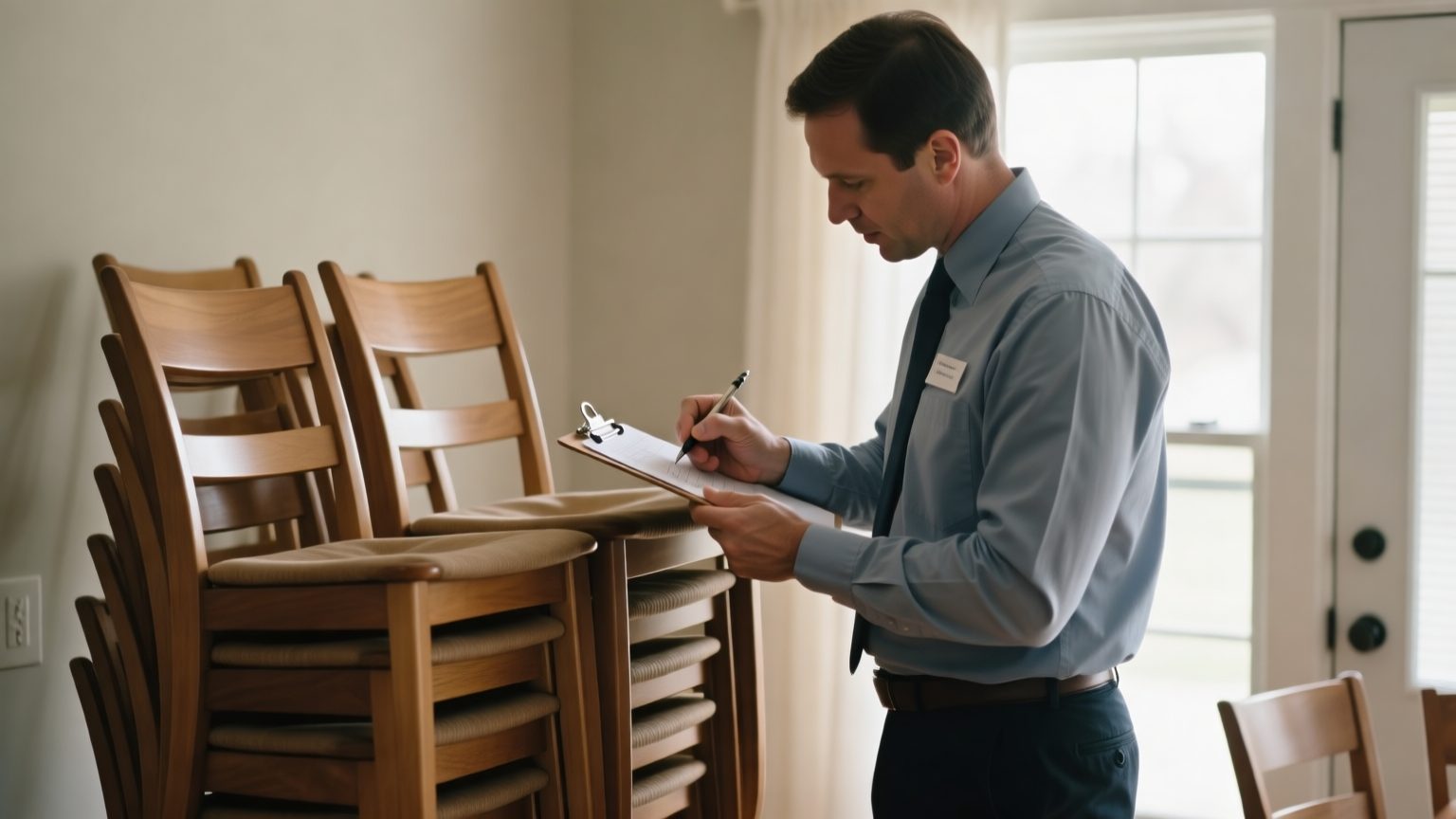 An adjuster counting a stack of matching dining chairs while noting quantities on a clipboard in a home