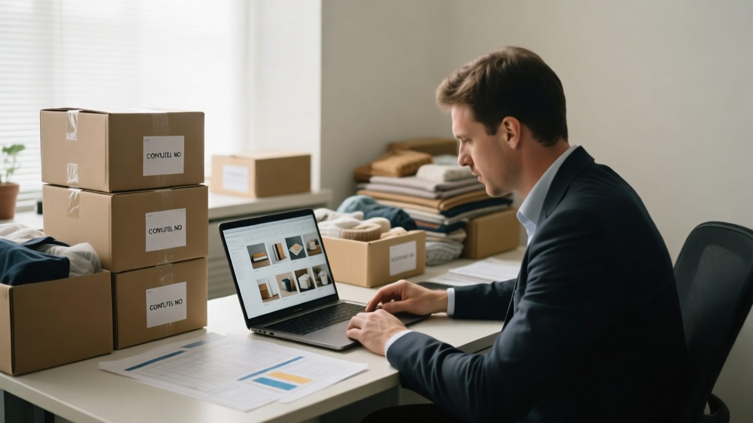 A contents estimator at a desk reviewing item photos on a laptop beside a printed inventory, labeled boxes of belongings nearby