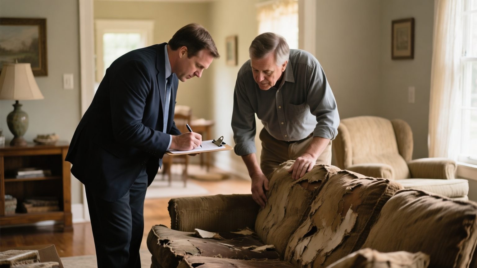 A public adjuster and a homeowner examining a used sofa and noting its wear and age on a clipboard in a living room