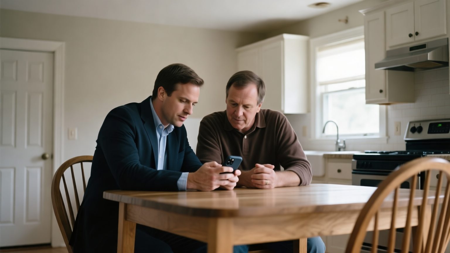A public adjuster and a homeowner at a kitchen table reviewing phone photos of damaged belongings, empty rooms visible behind them
