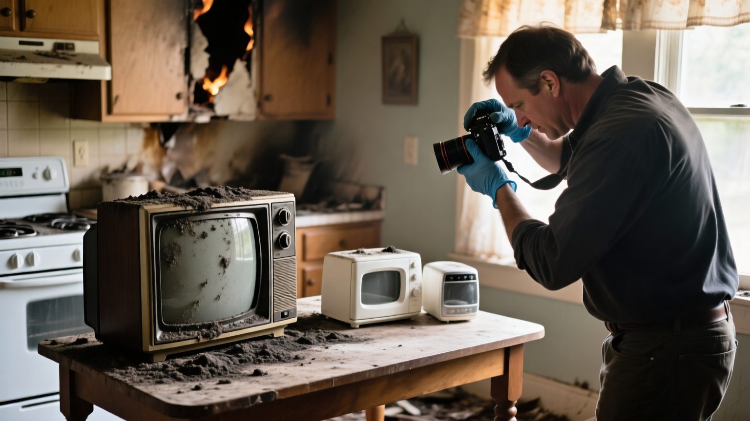 A contents professional in gloves photographing a soot-covered television and small kitchen appliances in a fire-damaged home
