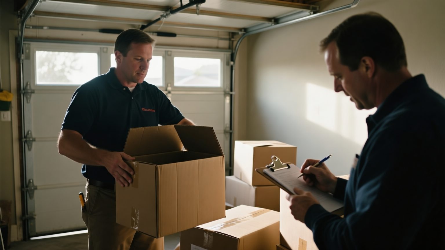 A homeowner and an adjuster documenting boxed belongings inside a dim garage, one lifting a box lid while the other writes notes