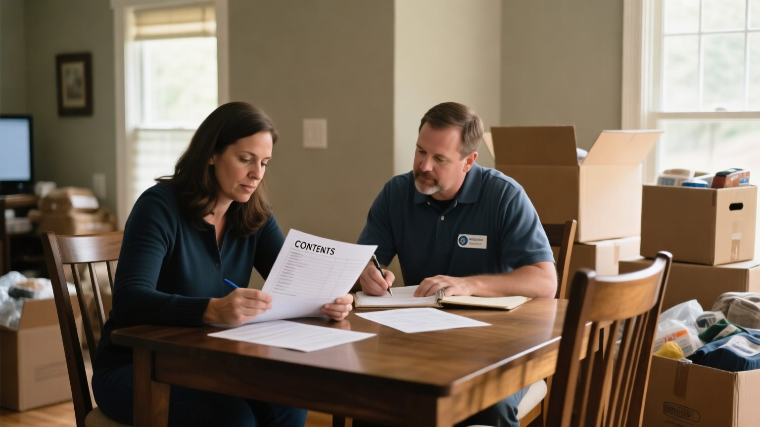 A homeowner and a public adjuster reviewing a printed contents inventory at a dining table after a loss