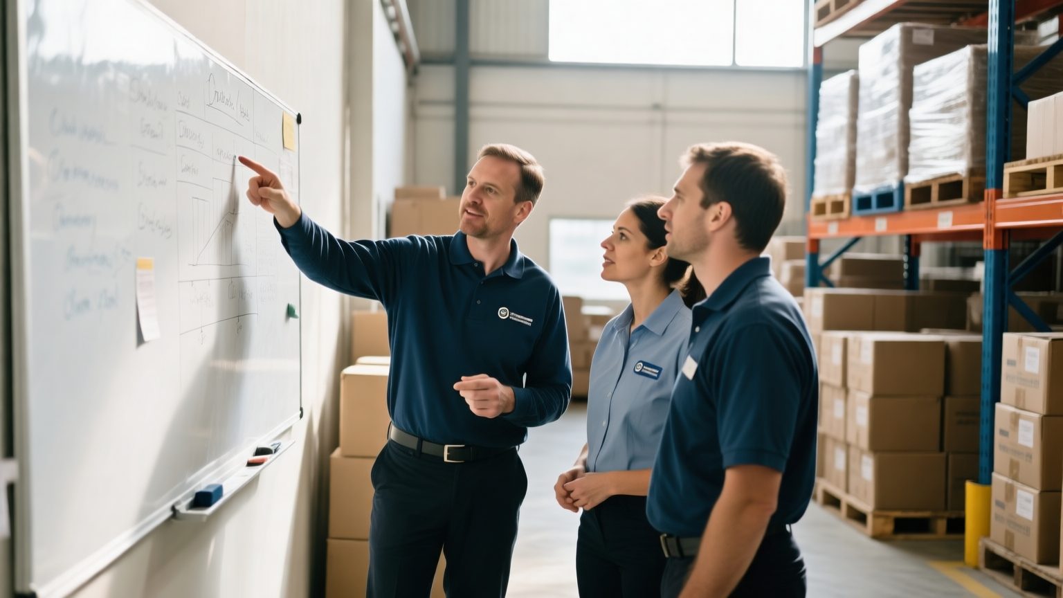 A restoration operations manager and two staff reviewing a whiteboard job board in an office warehouse with inventory boxes