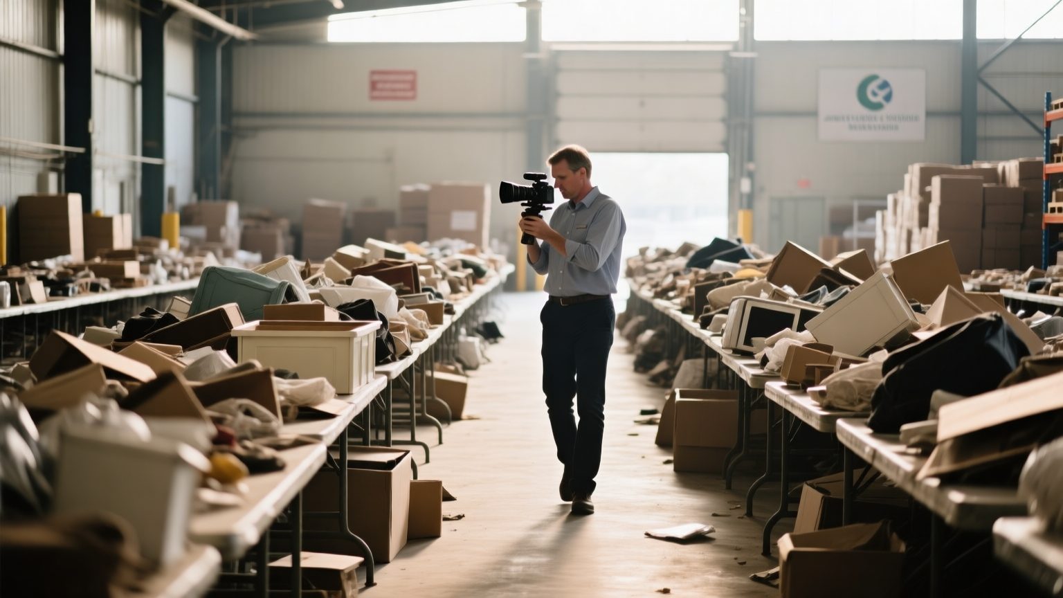 A contents specialist walking an aisle of salvaged household belongings laid out on tables in a warehouse, documenting items after a large loss