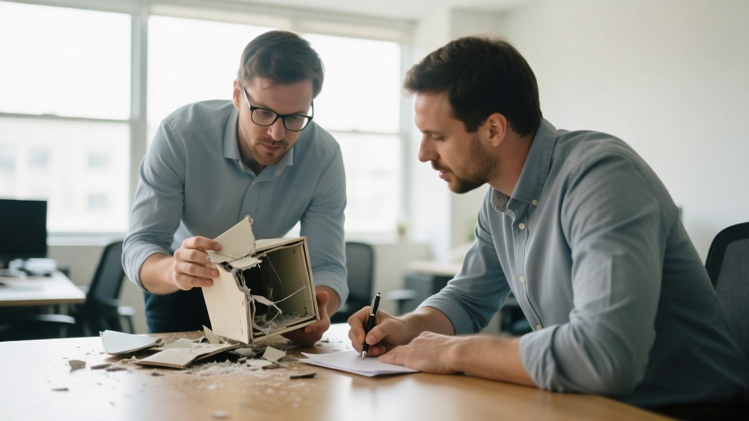 Two claims professionals examining a damaged household item together on a table and taking notes