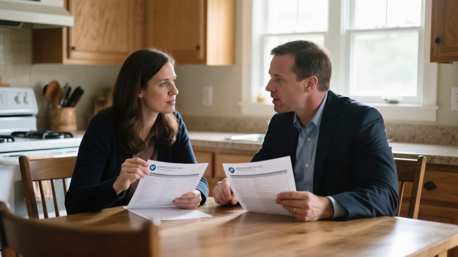 A homeowner and an adjuster comparing two printed item lists at a kitchen table
