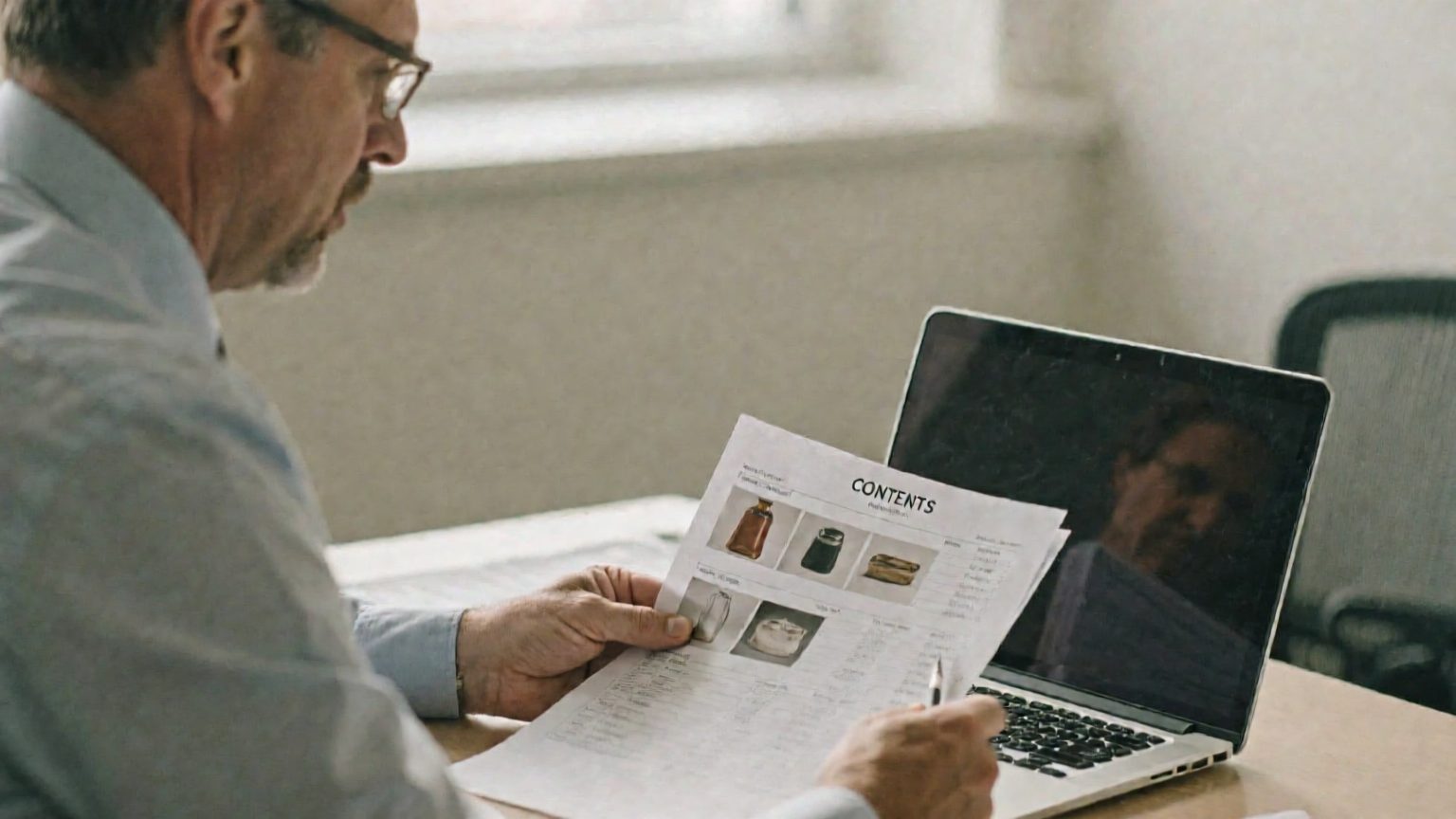 A public adjuster reviewing a printed contents inventory beside a laptop, comparing item photos to a list