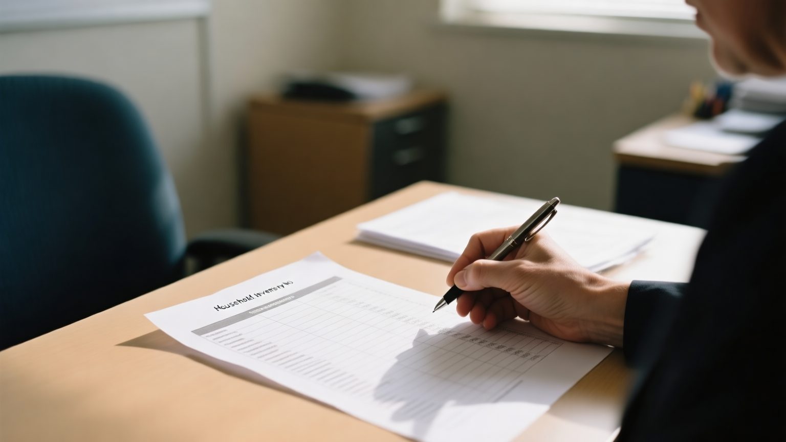 A contents processor at a desk cross-checking a long printed household inventory list with a pen in a tidy claims office