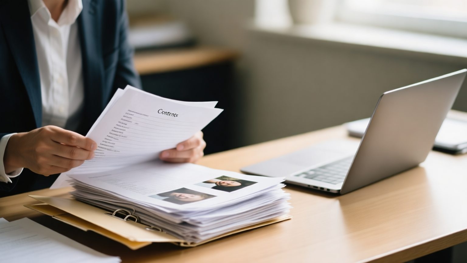 A contents professional at a desk reviewing a stack of printed item lists and photographs beside a laptop