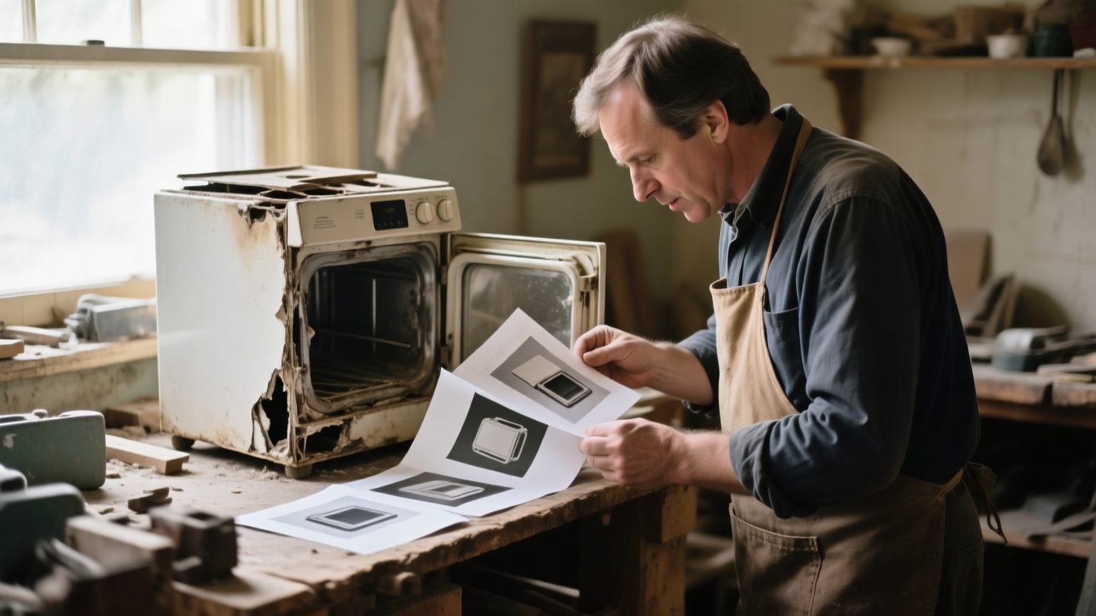 A contents professional examining an older damaged household appliance on a workbench and comparing it against printed product photos