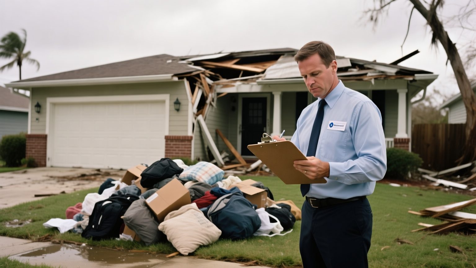 An adjuster with a clipboard documenting storm-damaged household belongings outside a home after a hurricane