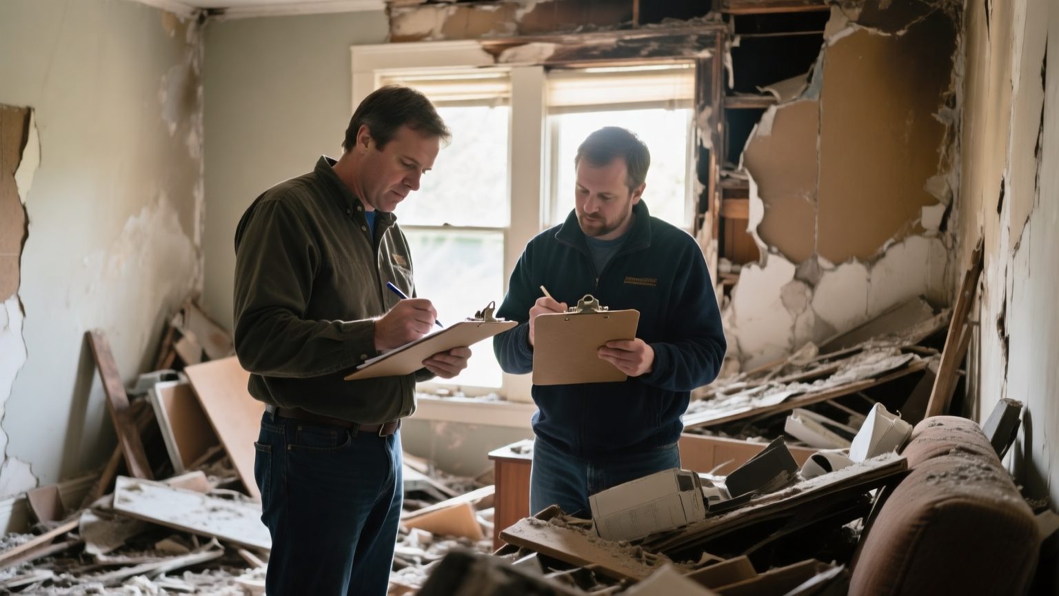 Two contents adjusters cataloguing damaged household items together in a fire-damaged room, comparing notes on clipboards