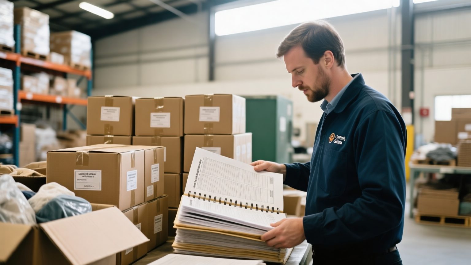 A contents specialist working through a large printed inventory binder beside labeled boxes of salvaged belongings