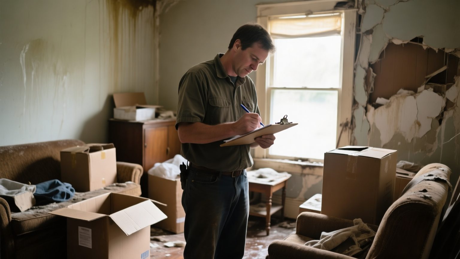 A restoration professional examining water-damaged household belongings and taking notes on a clipboard