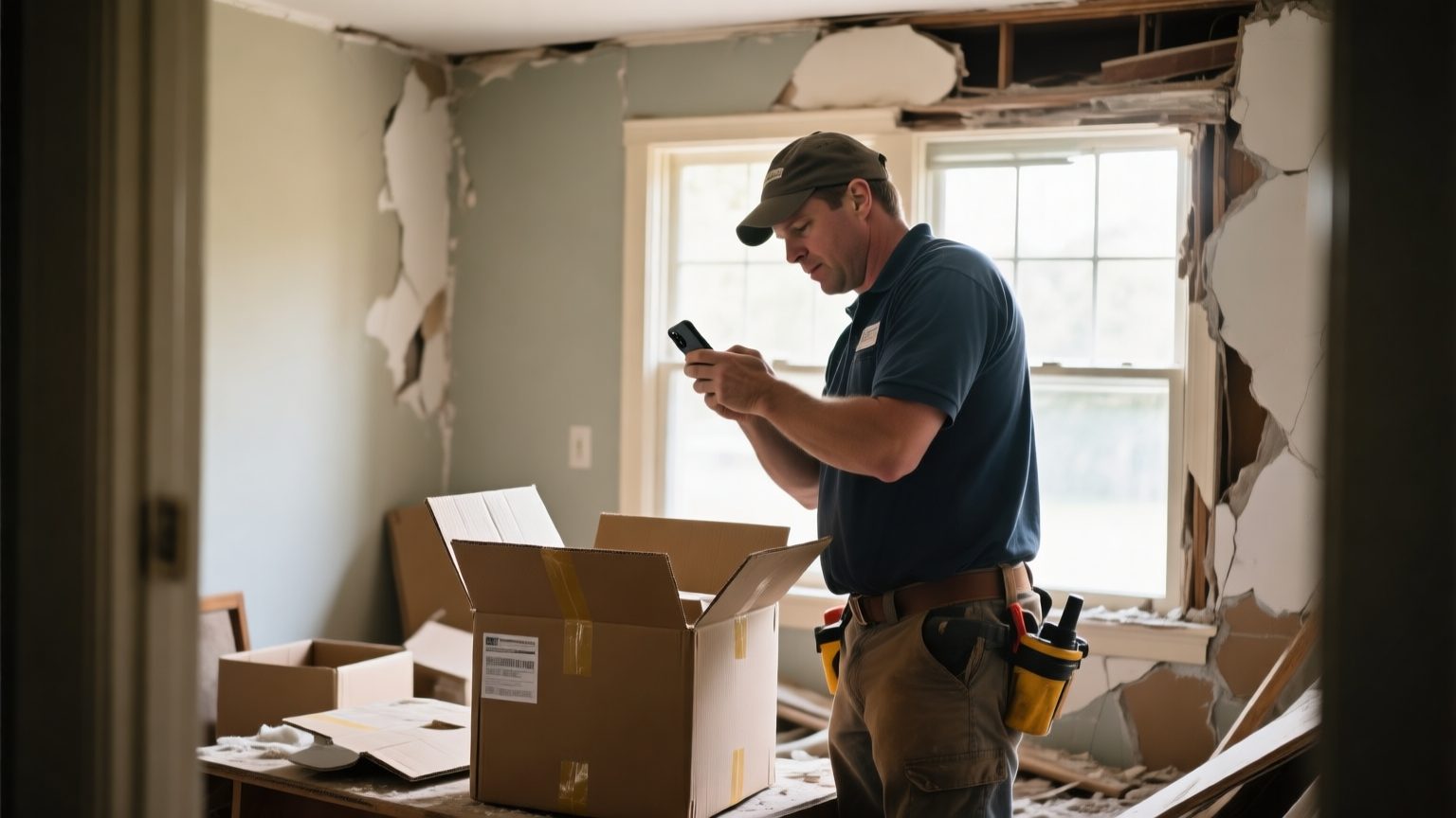 A restoration crew member photographing a household item before boxing it during a contents packout in a damaged home