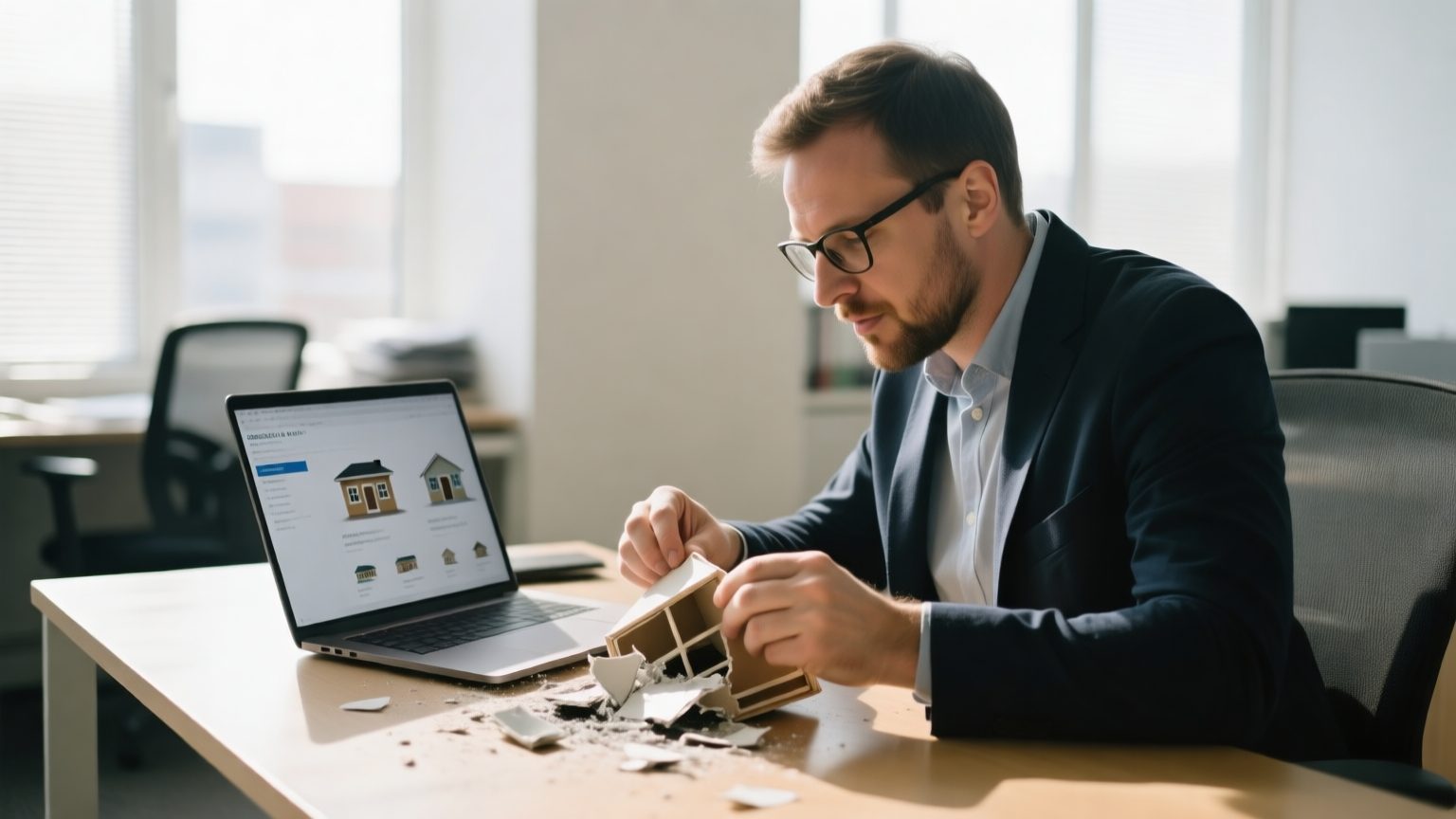 A contents specialist comparing product listings on a laptop against a damaged household item on a table