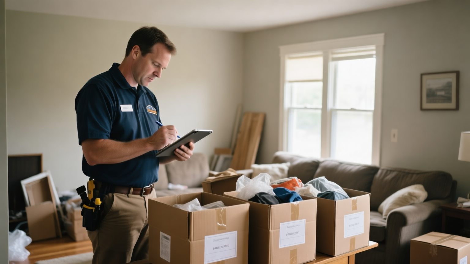 A public adjuster in a cleared living room photographing household items with a tablet and logging them, salvaged belongings grouped in labeled boxes nearby