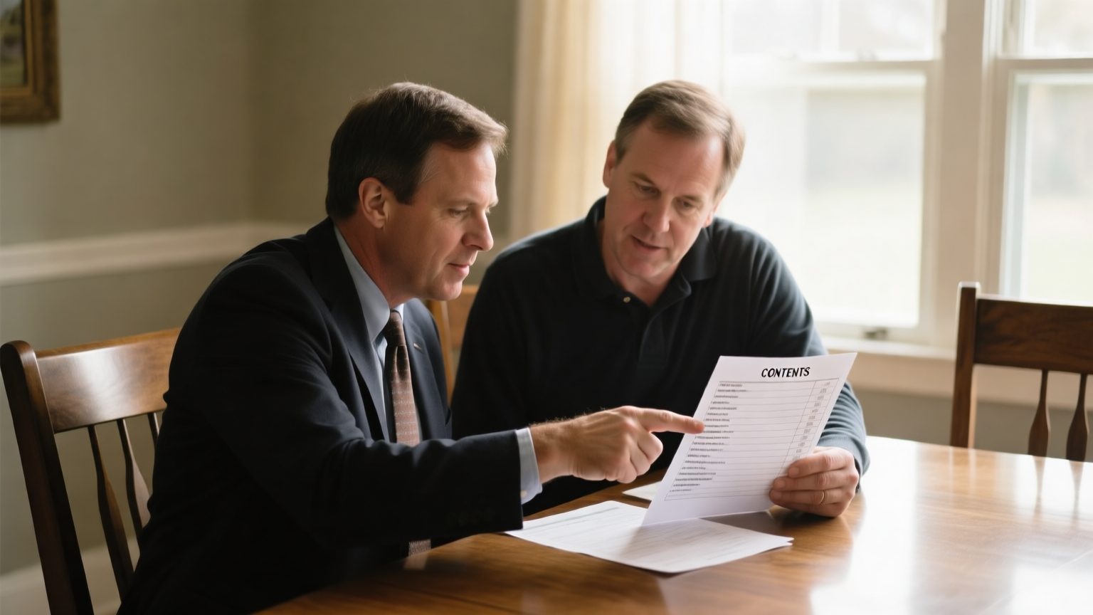 A homeowner and a public adjuster reviewing a printed itemized contents list at a dining table