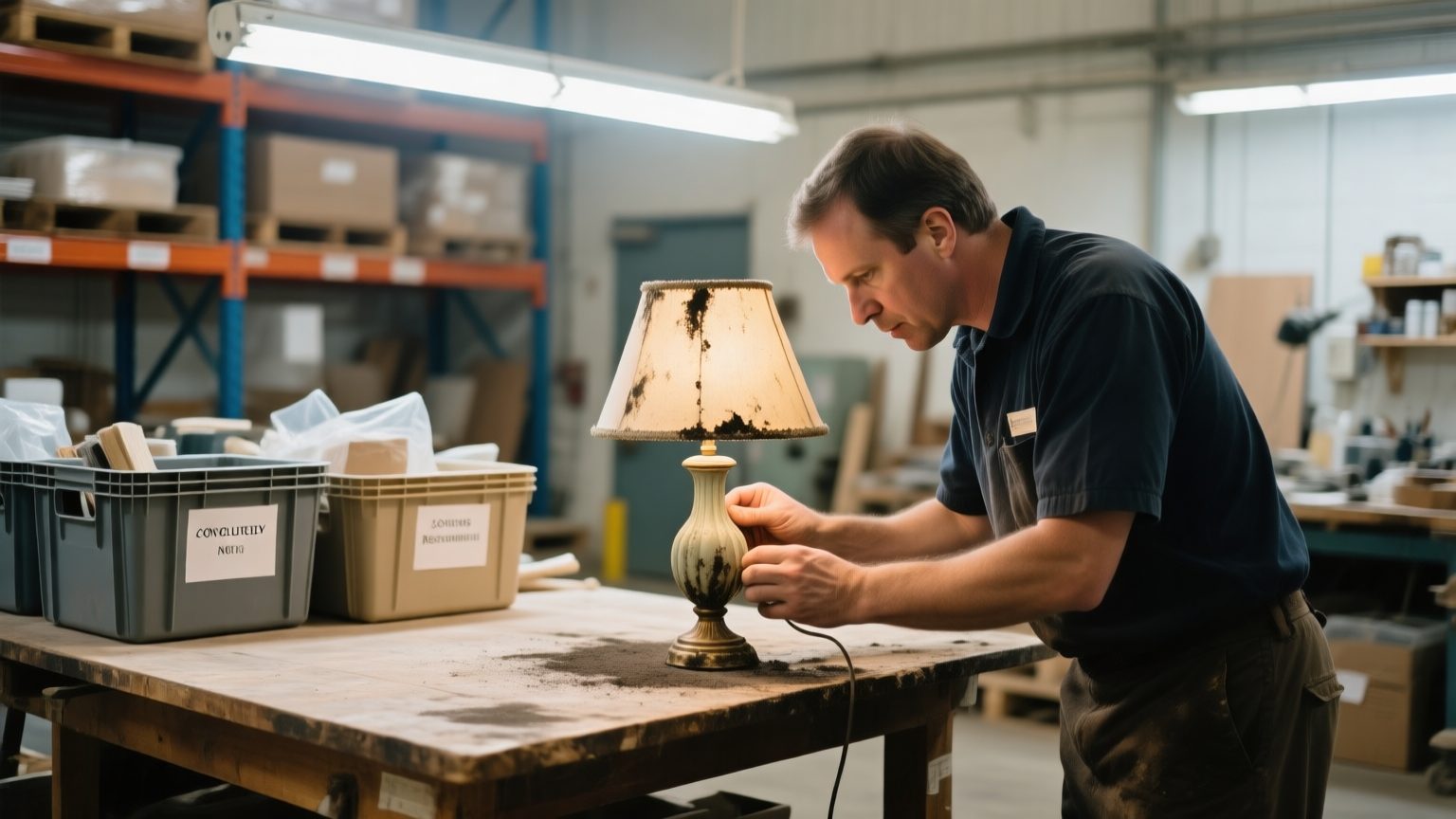 A contents restoration technician examining a soot-damaged lamp at a workbench to decide whether it can be cleaned