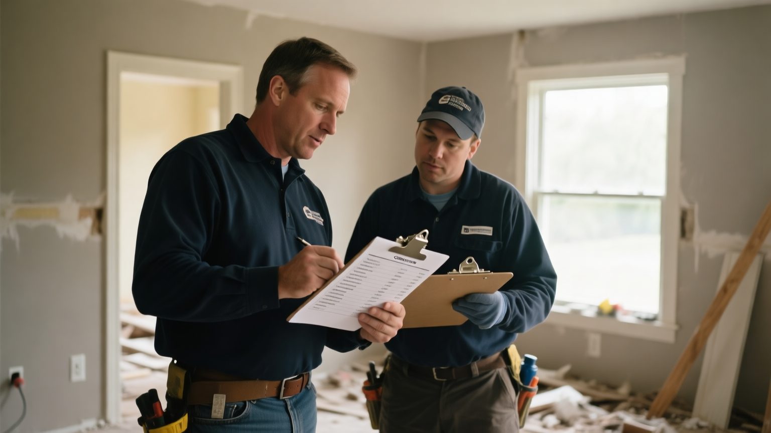 A restoration operations manager and a crew member reviewing a printed contents inventory on a clipboard inside a job site