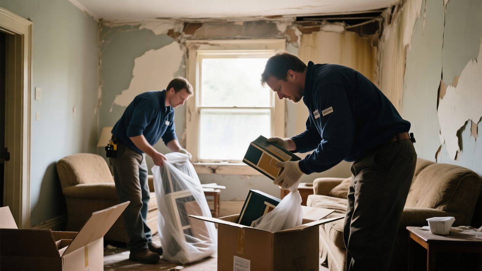 Restoration technicians wrapping and boxing household items in a water-damaged room while a colleague photographs an item