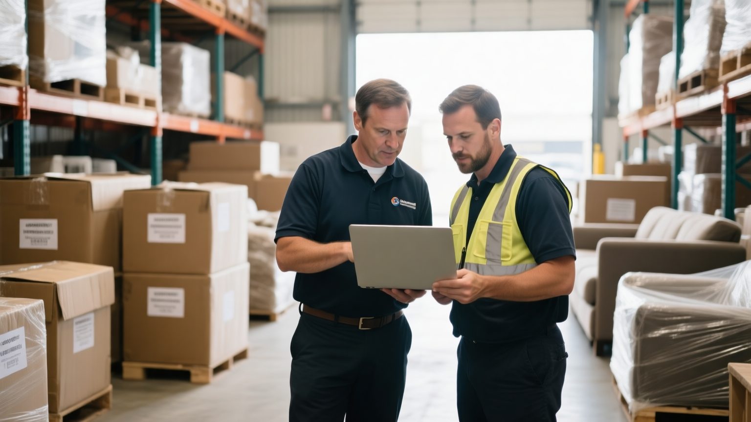 A restoration operations manager and a technician reviewing a contents inventory on a laptop in a warehouse of labeled packout bins