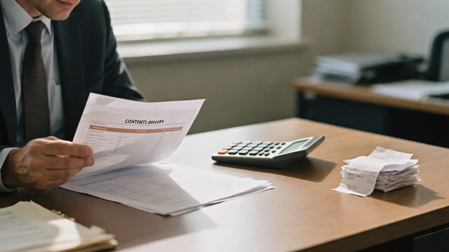 A public adjuster at a desk reviewing a printed contents inventory beside a calculator and a small stack of paper receipts