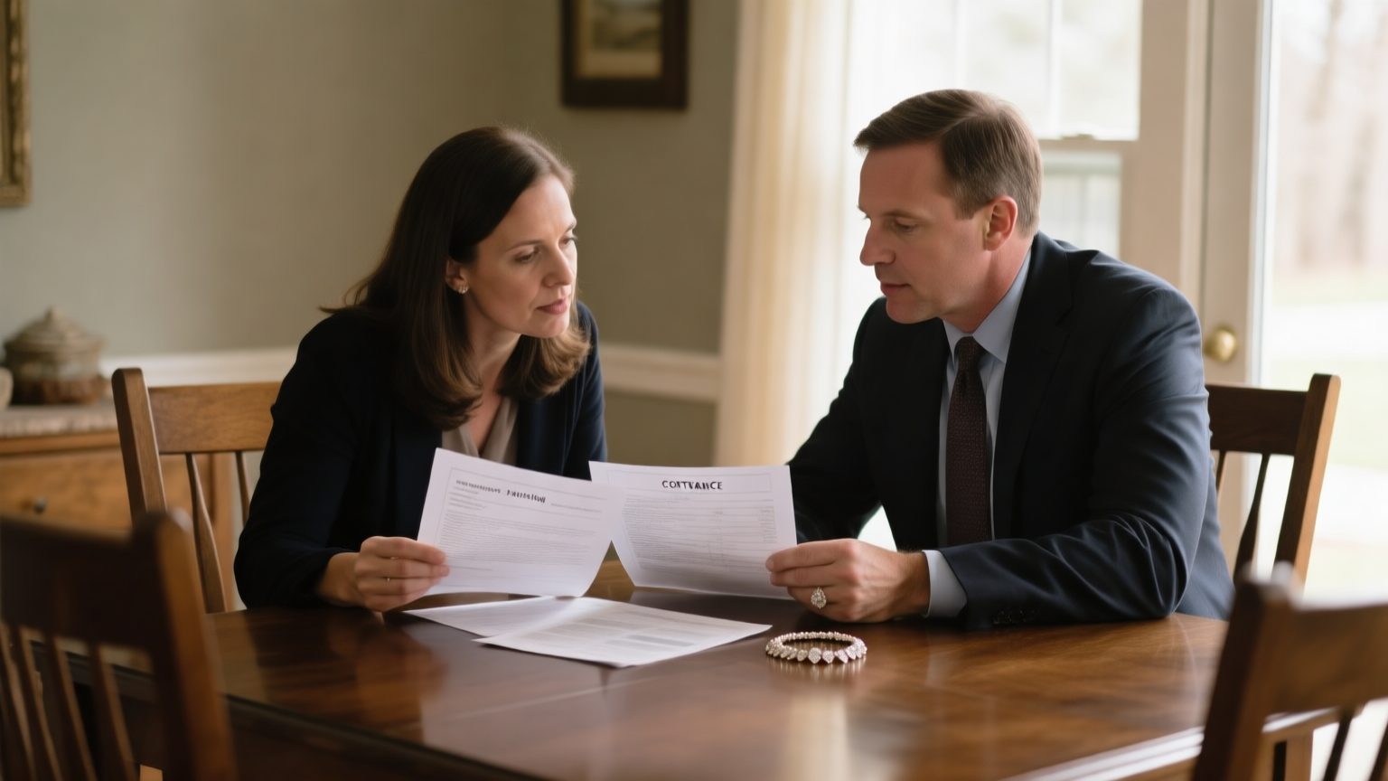 A homeowner and an adjuster at a dining table reviewing a printed appraisal alongside a piece of jewelry during a contents claim