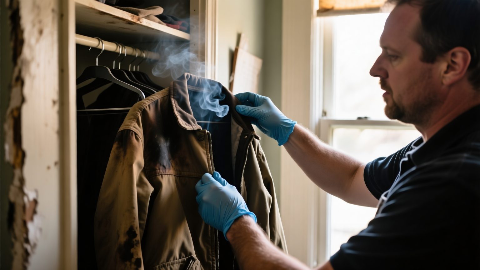 A contents specialist in gloves examining a smoke-exposed jacket from a closet in a fire-affected home
