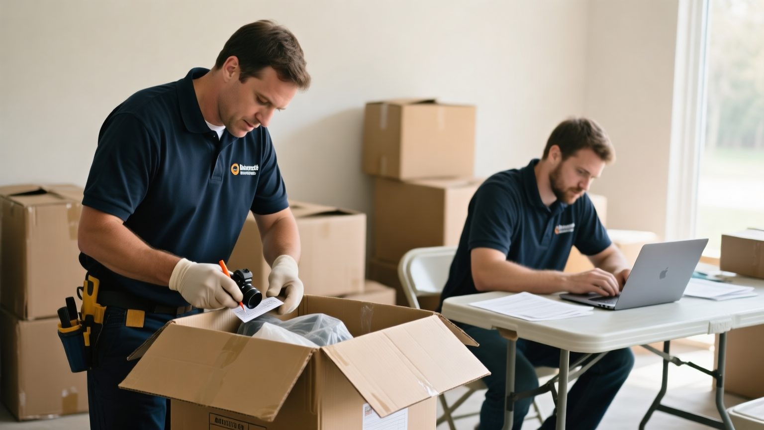 A restoration crew member labeling and photographing boxed contents on site while a colleague reviews an inventory on a laptop