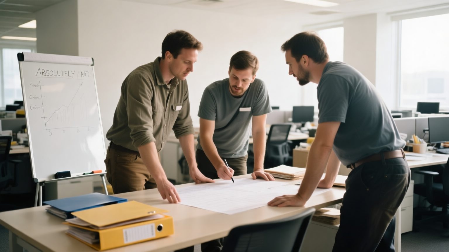 A restoration operations team meeting around a table planning workload, folders and a whiteboard in a busy office