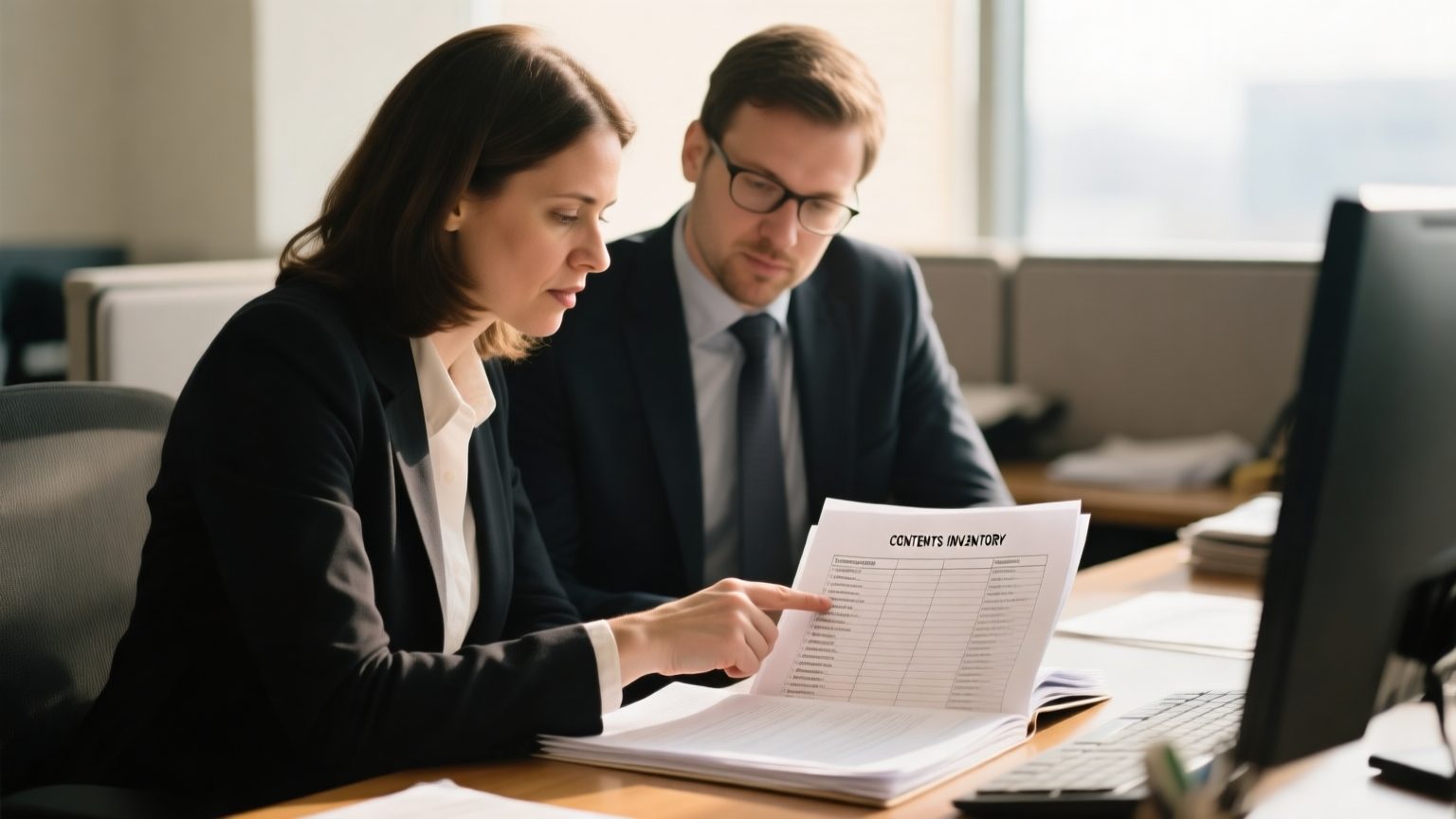 A public adjuster and a colleague at a desk reviewing a thick printed contents inventory, pointing at a line item