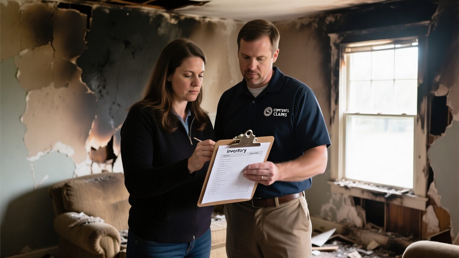 A homeowner and a contents specialist reviewing a printed inventory checklist in a fire-damaged room