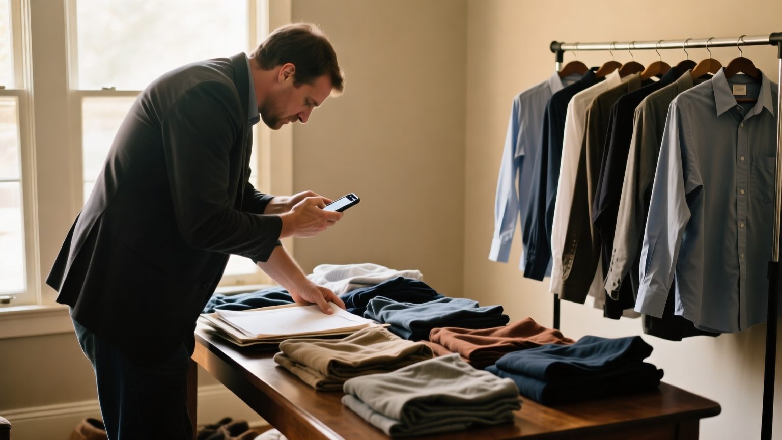 A contents professional laying out and photographing clothing on a table after a house fire