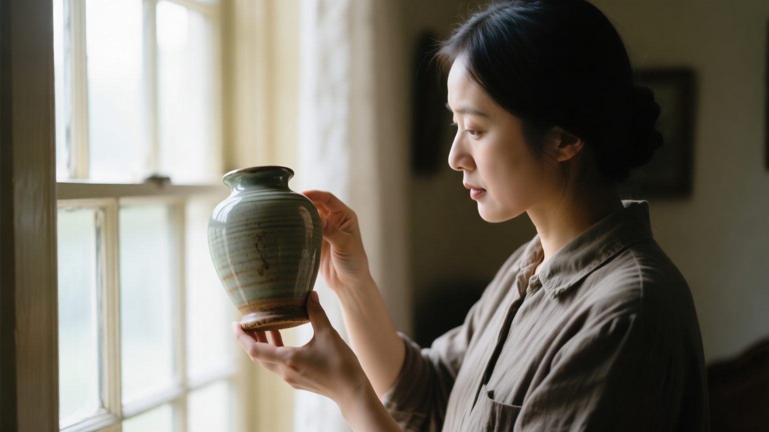 A person carefully examining an antique ceramic vase near a window, inspecting the base